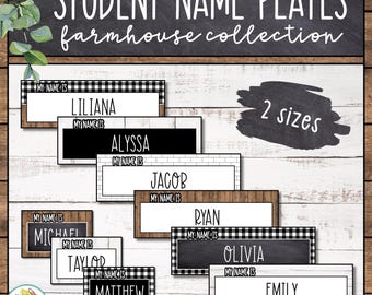 May include: A collection of student name plates in a farmhouse style. The plates feature various designs, including black and white checkered patterns, wood grain, and brick. Each plate has a space for a name and the text "MY NAME IS". The image also includes the text "STUDENT NAME PLATES" and "farmhouse collection".