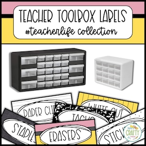 May include: A black and white teacher toolbox with clear drawers, and a white toolbox with clear drawers. The image also includes labels for school supplies, such as paper clips, erasers, and staples. The text on the image says "Teacher Toolbox Labels" and "#teacherlife collection."