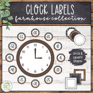 May include: A farmhouse-style clock face with the words "CLOCK LABELS" and "farmhouse collection." The image includes a clock face, clock labels, and circle and square shapes. The clock face is brown with black numbers.