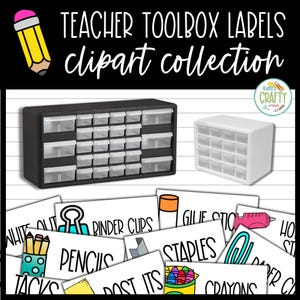 Puede incluir: Dos cajas de herramientas para profesores, una negra y otra blanca, con numerosos cajones pequeños y etiquetas para útiles escolares. Las etiquetas incluyen "Lápices", "Grapas", "Crayones" y "Clips".