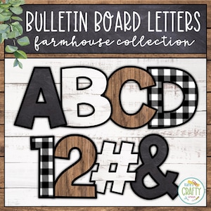 May include: Bulletin board letters in a farmhouse collection style. The letters A, B, C, and D are displayed, along with the numbers 1, 2, the hashtag symbol, and the ampersand. The letters and numbers have a mix of black, white, wood grain, and buffalo plaid patterns.