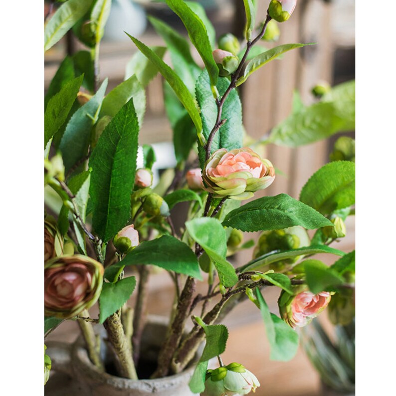 Artificial Camellia Flower Leaf Stem in Champagne Pink or Purple