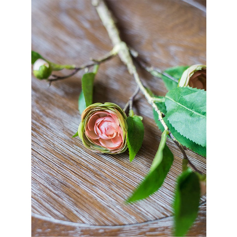 Artificial Camellia Flower Leaf Stem in Champagne Pink or Purple
