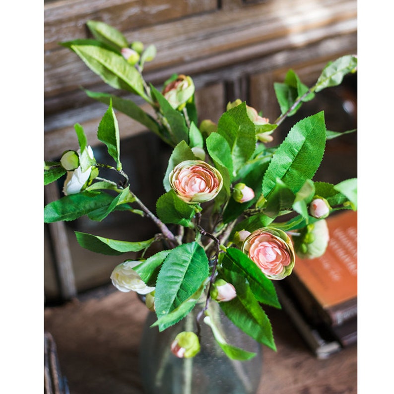 Artificial Camellia Flower Leaf Stem in Champagne Pink or Purple