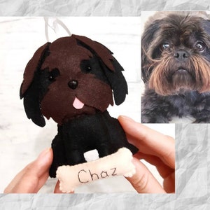 Puede incluir: Un adorno de perro de fieltro marr&oacute;n y negro con la lengua rosa que sobresale. El adorno sostiene un hueso con el nombre "Chaz" escrito en &eacute;l.