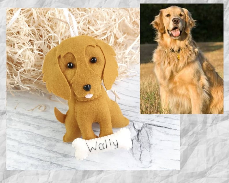 Puede incluir: Un adorno de perro de fieltro con un hueso marr&oacute;n y blanco, el nombre "Wally" est&aacute; bordado en el hueso. El adorno est&aacute; sobre una superficie de madera blanca. Un golden retriever aparece en el fondo.