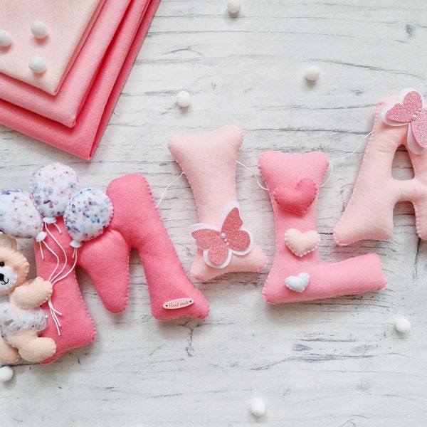 Bear name garland, Baby name sign, Pink nursery banner, Girl nursery wall decor, Felt name banner, Baby shower decor
