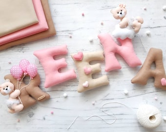 Bear name banner, Felt name garland, Nursery wall hanging, Baby name sign, Pink nursery decor, Baby shower decor