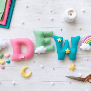 Rainbow name garland, Candy color, Felt name banner, Rainbow garland, Star nursery decor, Baby name sign, Baby shower decor