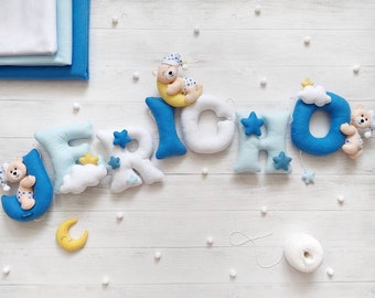 Nursery felt name garland, Blue baby name sign, Bear nursery banner, Boy nursery wall decor, Baby shower decor