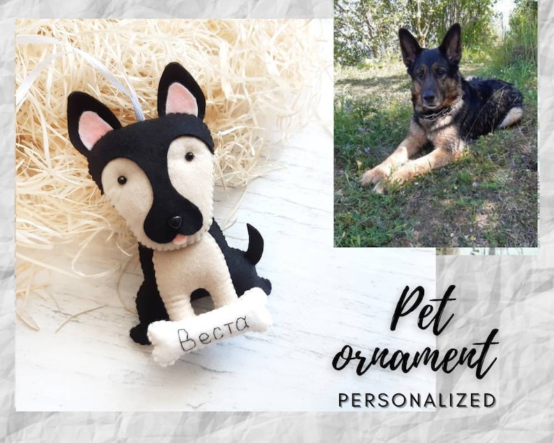 Puede incluir: Un adorno de perro de fieltro personalizado con pelaje blanco y negro, sosteniendo un hueso con el nombre "Besta" bordado. El adorno est&aacute; colgado de una cuerda blanca. La imagen tambi&eacute;n muestra un perro real, un pastor alem&aacute;n, tumbado en la hierba.