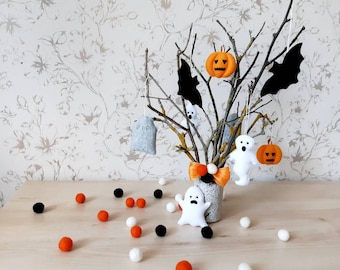 Handmade Felt Halloween Ornaments: Bat, Pumpkin, Ghost, Headstone