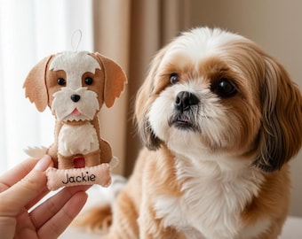 Adorno personalizado de Shih Tzu: Adorno navideño de fieltro personalizado con forma de perro, retrato de mascota