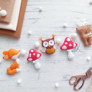 Woodland felt garland, Nursery woodland decor, Felt decoration, Mushroom garland, Forest theme, Woodland animals, Fly agaric garland