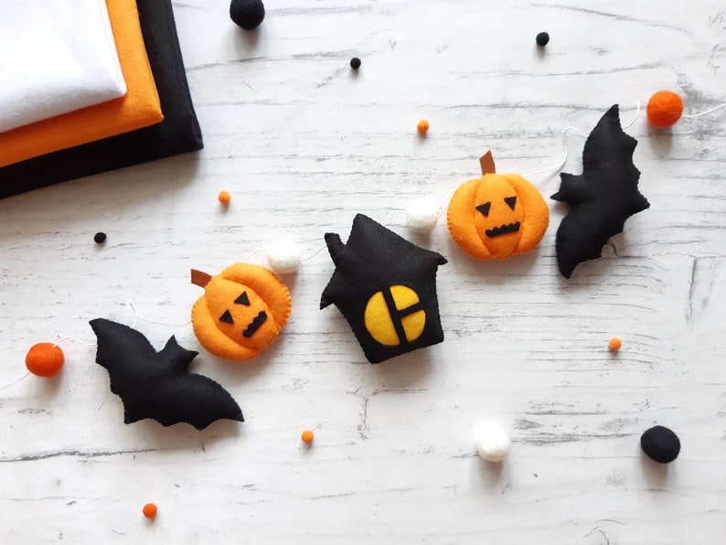 Halloween Decorations, Felt Bat Pumpkin Garland, Spooky decor, Halloween Home Decor, Fireplace mantel decor, image 1