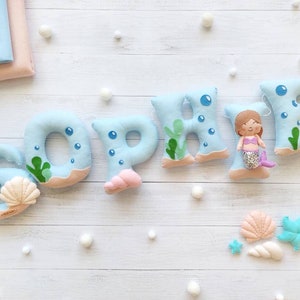 Underwater name bunting garland, Mermaid doll, Felt name banner, Seashells ornaments, Ocean nursery decor, Baby name sign, Baby shower decor