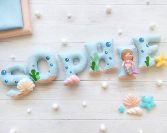 Underwater name bunting garland, Mermaid doll, Felt name banner, Seashells ornaments, Ocean nursery decor, Baby name sign, Baby shower decor