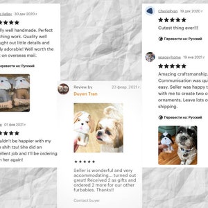 Puede incluir: Tres rese&ntilde;as de clientes para una tienda de adornos de perros hechos a mano. Las rese&ntilde;as son positivas e incluyen fotos de los productos terminados. La primera rese&ntilde;a es para un par de adornos Shih Tzu, la segunda es para un par de adornos Shih Tzu y la tercera es para un par de adornos Dachshund.