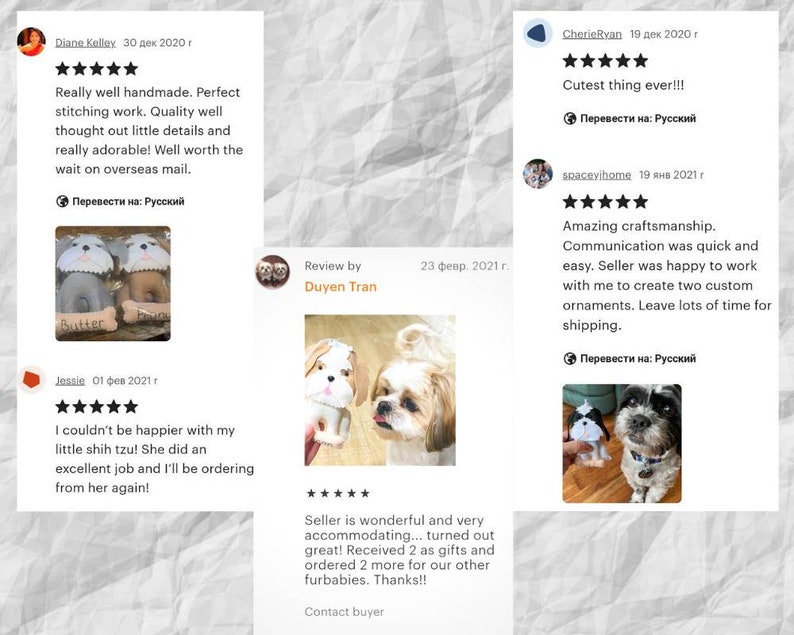 Puede incluir: Tres rese&ntilde;as de clientes para una tienda de adornos de perros hechos a mano. Las rese&ntilde;as son positivas e incluyen fotos de los productos terminados. La primera rese&ntilde;a es para un par de adornos Shih Tzu, la segunda es para un par de adornos Shih Tzu y la tercera es para un par de adornos Dachshund.
