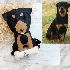 Puede incluir: Un perro de juguete de fieltro con pelo negro y marr&oacute;n, sosteniendo un hueso blanco con el nombre "Blu" bordado. El juguete es una r&eacute;plica de un Rottweiler.