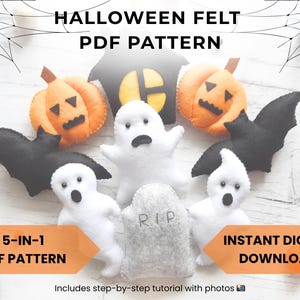 Sewing patterns of Halloween Felt ornaments - Set of 5: ghosts, bats, pumpkins, headstones, witch&#39;s house - DIY Tutorial (PDF download)