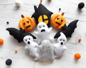 Halloween tray decor, Halloween home decor, Bat, Pumpkin, Ghost, Headstone, Felt halloween ornament, Halloween party decorations