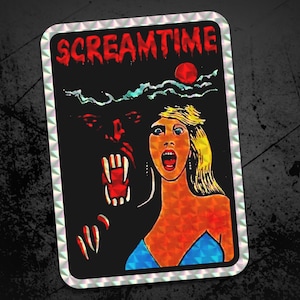 80s Horror Holographic Prism Screamtime Sticker, Retro B-Movie Slasher Decal, NOS Vintage Spooky Collectible, Cult Classic Horror Fan Gift