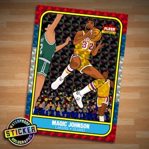 Sticker prisme Magic Johnson des années 80, art de basket-ball rétro, carte Fleer hommage, objet de sport vintage à collectionner, sticker holographique NBA classique