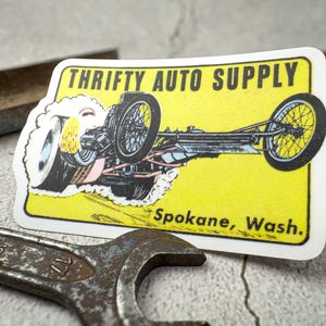 Thrifty Auto Supply Sticker, Vintage Drag Racing Decal, Hot Rod Speed Shop Sticker, Retro Car Art, Classic Dragster Vinyl Sticker
