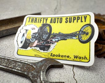 Thrifty Auto Supply Sticker, Vintage Drag Racing Decal, Hot Rod Speed Shop Sticker, Retro Car Art, Classic Dragster Vinyl Sticker