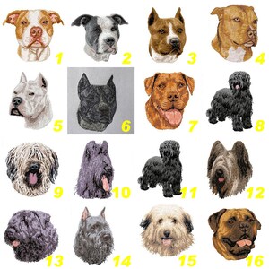 May include: A collection of sixteen embroidered dog portraits arranged in a grid, each labeled with a yellow number from 1 to 16. The designs feature various dog breeds in colors including brown, white, black, gray, and tan, showcasing detailed stitching.