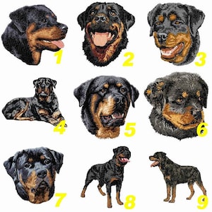 Op de afbeelding: Een verzameling van negen geborduurde Rottweiler-hondenontwerpen. De afbeeldingen tonen verschillende poses, waaronder close-ups en volledige lichaamsweergaven. De honden zijn zwart en bruin, met gedetailleerde steken. Genummerd 1 tot 9.