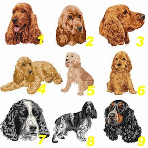 May include: Nine embroidered images of Cocker Spaniel dogs. The dogs are in various poses and colours, including brown, black, and white.