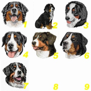 Peut inclure: Neuf images brodées de chiens de montagne bernois dans différentes poses. Les chiens sont tous noirs, blancs et bruns avec des oreilles tombantes et une fourrure longue.