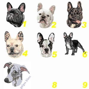 Peut inclure: Neuf patchs brodés différents représentant différentes races de chiens, dont des bouledogues français et un Galgo Blanco. Les patchs sont numérotés de 1 à 9.