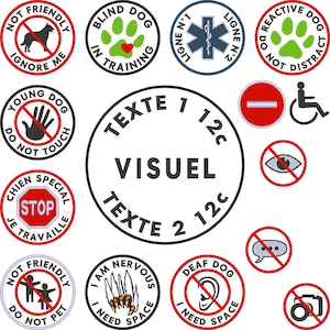 Peut inclure: Un ensemble de 12 panneaux de signalisation ronds pour chiens. Les panneaux sont rouges, blancs, noirs et verts avec divers symboles et textes. Les panneaux comprennent "Chien Aveugle en Formation", "Pas Amical, Ignorez-moi", "Jeune Chien, Ne Touchez Pas", "Chien Réactif, Ne Pas Distraire", "Chien Sourd, J'ai Besoin d'Espace", "Je Suis Nerveux, J'ai Besoin d'Espace", "Pas Amical, Ne Caressez Pas", "Chien Spécial, Je Travaille", "Texte 1 12c, Visuel, Texte 2 12c", et "Stop".