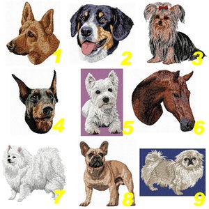 Peut inclure: Écussons brodés représentant des portraits d'animaux. Comprend un berger allemand, un bouvier bernois, un Yorkshire Terrier avec un nœud rouge, un Doberman, un West Highland White Terrier, un cheval, un Spitz, un bouledogue français et un pékinois.