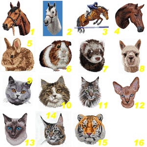 馬、ウサギ、フェレット、猫、アルパカ、モルモット、トラの刺繍入りアイロン接着または縫い付けワッペン、Team Numérik製