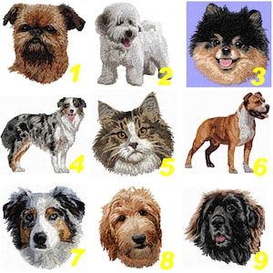 Può includere: Un collage di nove immagini con diverse razze di cani e gatti. Le immagini sono numerate da 1 a 9. I cani includono un grifone di Bruxelles, un barboncino nano, un volpino di Pomerania, un pastore australiano, uno staffordshire bull terrier, un goldendoodle e un newfoundland. I gatti includono un Maine Coon.