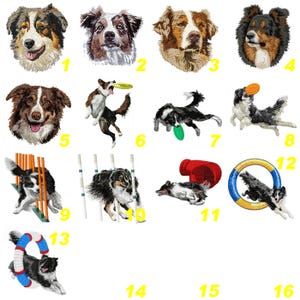 May include: A collection of thirteen embroidered patches featuring various dog breeds in different poses, including portraits of dog heads and dogs performing agility activities like jumping through hoops, running through tunnels, and catching frisbees.