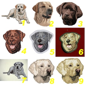 Peut inclure: Neuf patchs brodés de Labrador Retrievers de différentes couleurs, dont noir, jaune et argent. Les patchs sont disposés en grille.