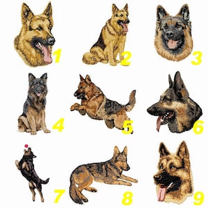 Peut inclure: Neuf images brodées différentes de chiens de berger allemand dans diverses poses, notamment assis, courant et jouant à la balle. Les images sont numérotées de 1 à 9.