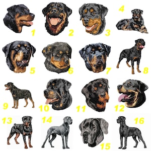 Puede incluir: Una colección de dieciséis diseños de perros bordados etiquetados con números amarillos. Las imágenes muestran Rottweilers y Gran Daneses en varias poses, incluyendo retratos de cabeza y cuerpo completo, con pelajes de color negro y fuego.