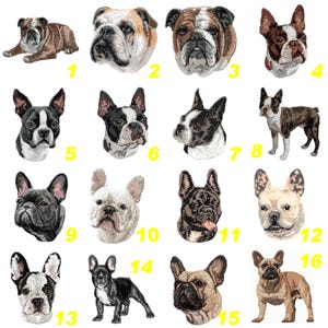 Puede incluir: Una colección de dieciséis diseños de perros bordados que muestran varias razas de bulldog y bulldog francés en diferentes poses y patrones de color, cada uno etiquetado con un número amarillo brillante del uno al dieciséis sobre fondo blanco.