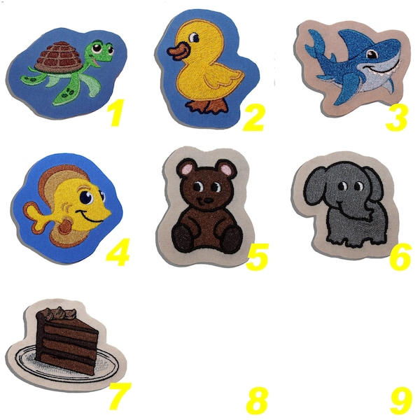 Patch brodé thème enfant - tortue, ours, éléphant, gateau, requin, poisson, canard - thermocollant ou à coudre - by team numérik