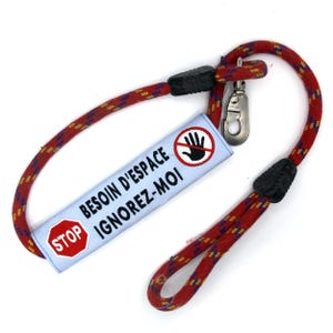 May include: Red and yellow patterned dog leash with a metal clasp and a black plastic connector. A light blue tag reads "BESOIN D'ESPACE IGNOREZ-MOI" with a red stop sign and a hand symbol.