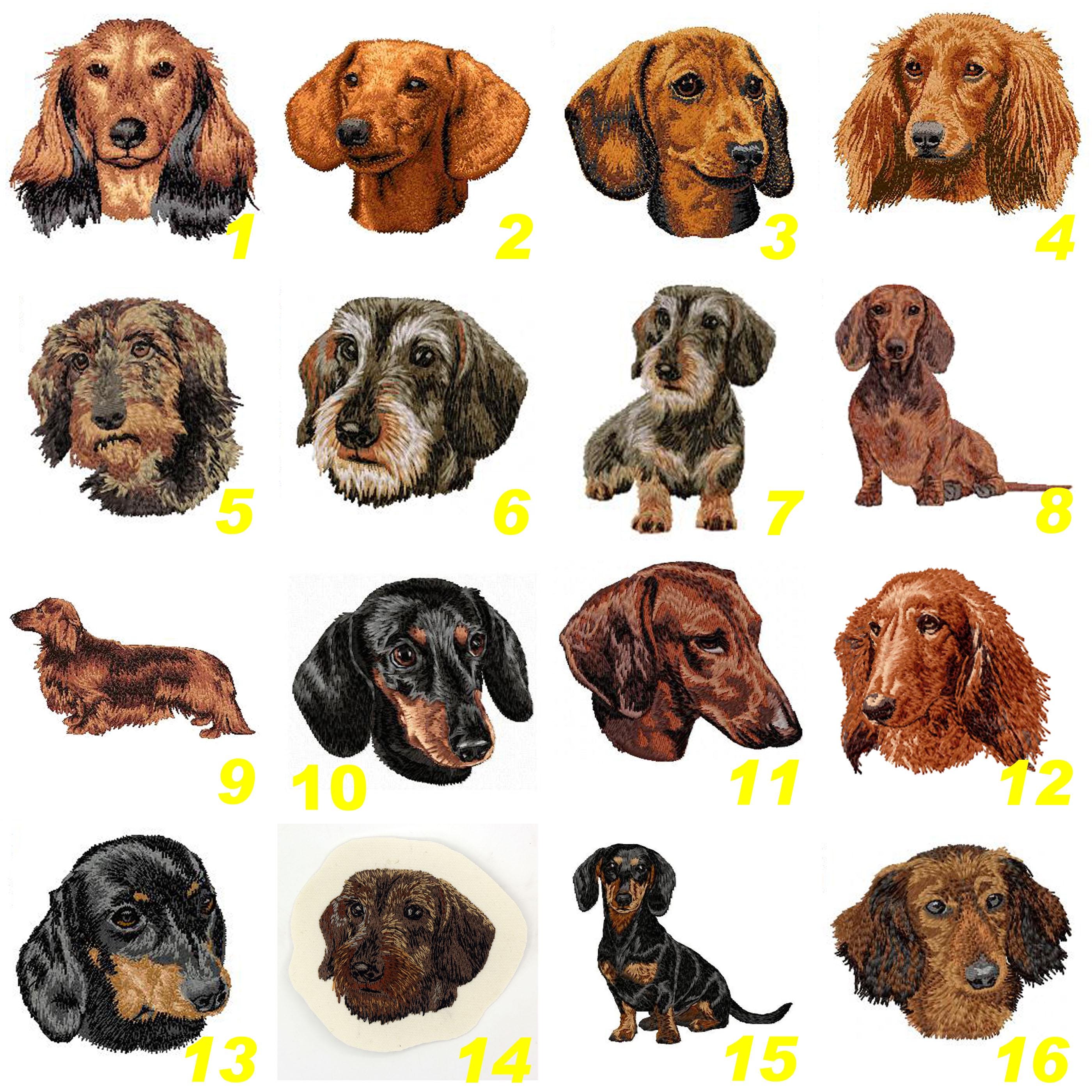Dachshund patch, embroidered applique, long hair, short hair, wire hair, machine embroidery, iron-on or sew-on, by Team Numérik