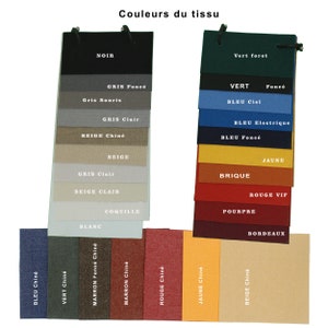 Pu&ograve; includere: Una cartella colori che mostra campioni di tessuto in vari colori, tra cui nero, bianco, beige, marrone, rosso, verde, blu e giallo. La cartella &egrave; etichettata "Couleurs du tissu", che si traduce in "Colori del tessuto" in italiano.