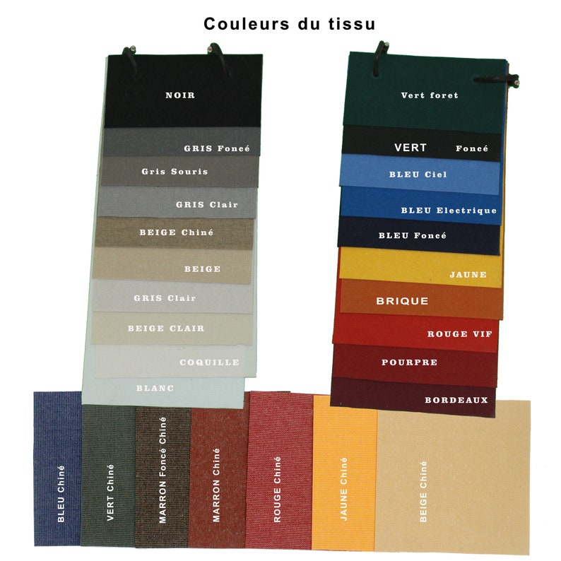 Pu&ograve; includere: Una cartella colori che mostra campioni di tessuto in vari colori, tra cui nero, bianco, beige, marrone, rosso, verde, blu e giallo. La cartella &egrave; etichettata "Couleurs du tissu", che si traduce in "Colori del tessuto" in italiano.