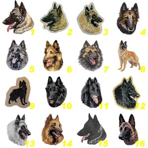 May include: A collection of sixteen embroidered patches featuring various Belgian Shepherd dog portraits and full-body silhouettes, numbered one through sixteen in bright yellow, showcasing diverse coat colors including black, tan, and grey.
